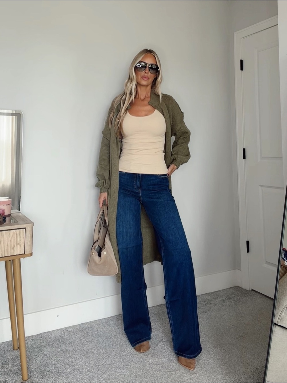 Army Green Button-Front Long Knit Cardigan